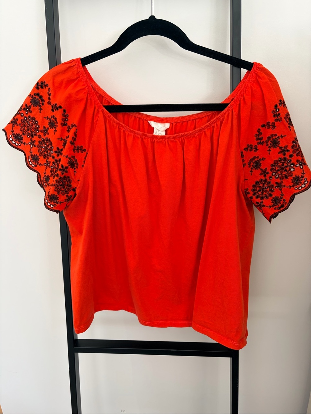 H&M Red Off-Shoulder Embroidered Sleeve Top